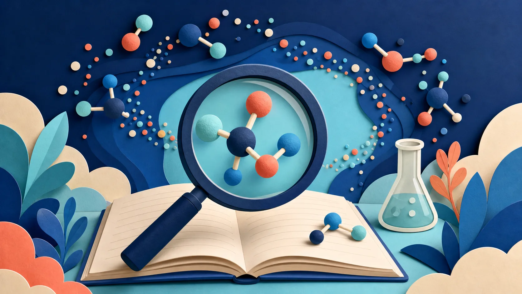 Magnifying glass examining a molecular model above an open chemistry notebook