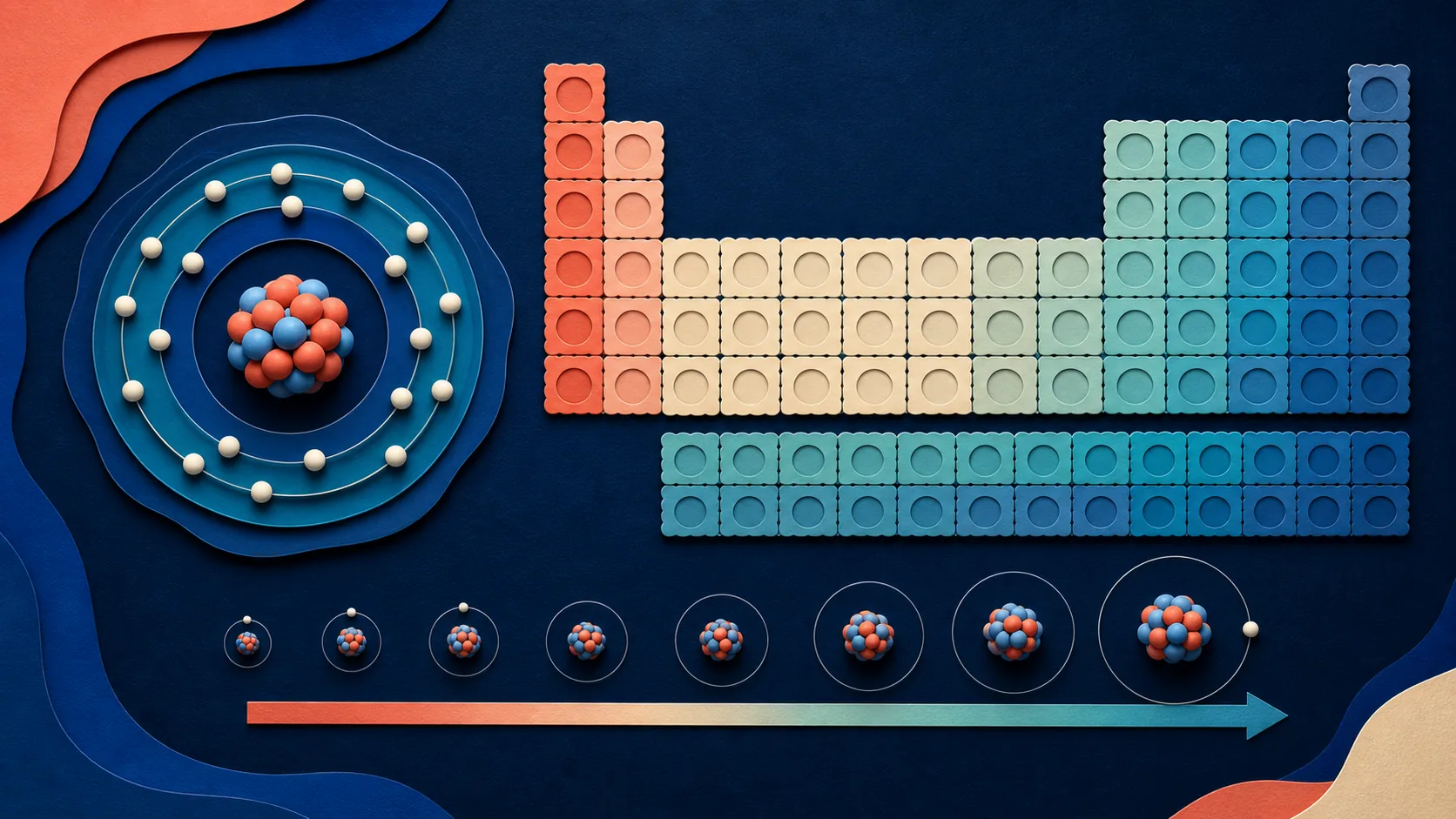 Illustration of atomic structure, the periodic table, and periodic trends