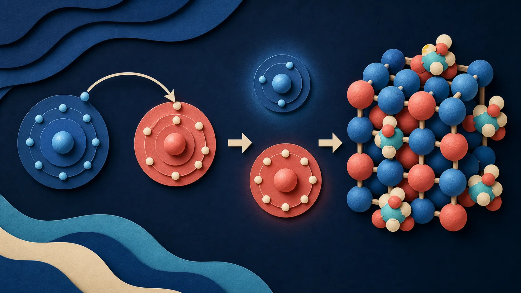 Illustration of electron transfer and an ionic crystal lattice